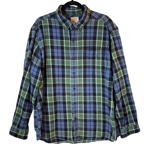 LL Bean Flannel Shirt Mens Performance XL Reg Traditional Fit Green Blue Cotton - Picture 2 of 9